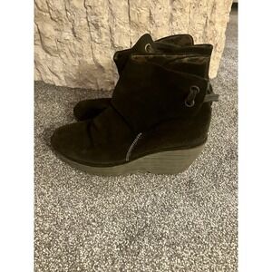 FLY London Yebi Ankle Boots Women's US 10 41 Brown Suede Ruched Wedge Booties